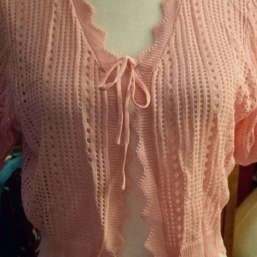 New,pink openwork weave knit crochet cropped tie-front cardigan shrug size large